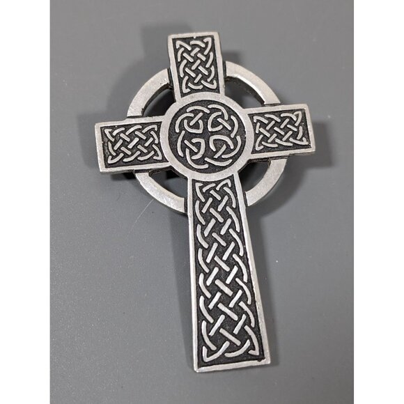 Vintage St Justin Pewter Cross Pin Brooch Celtic Knot Silver Tone - Picture 3 of 7